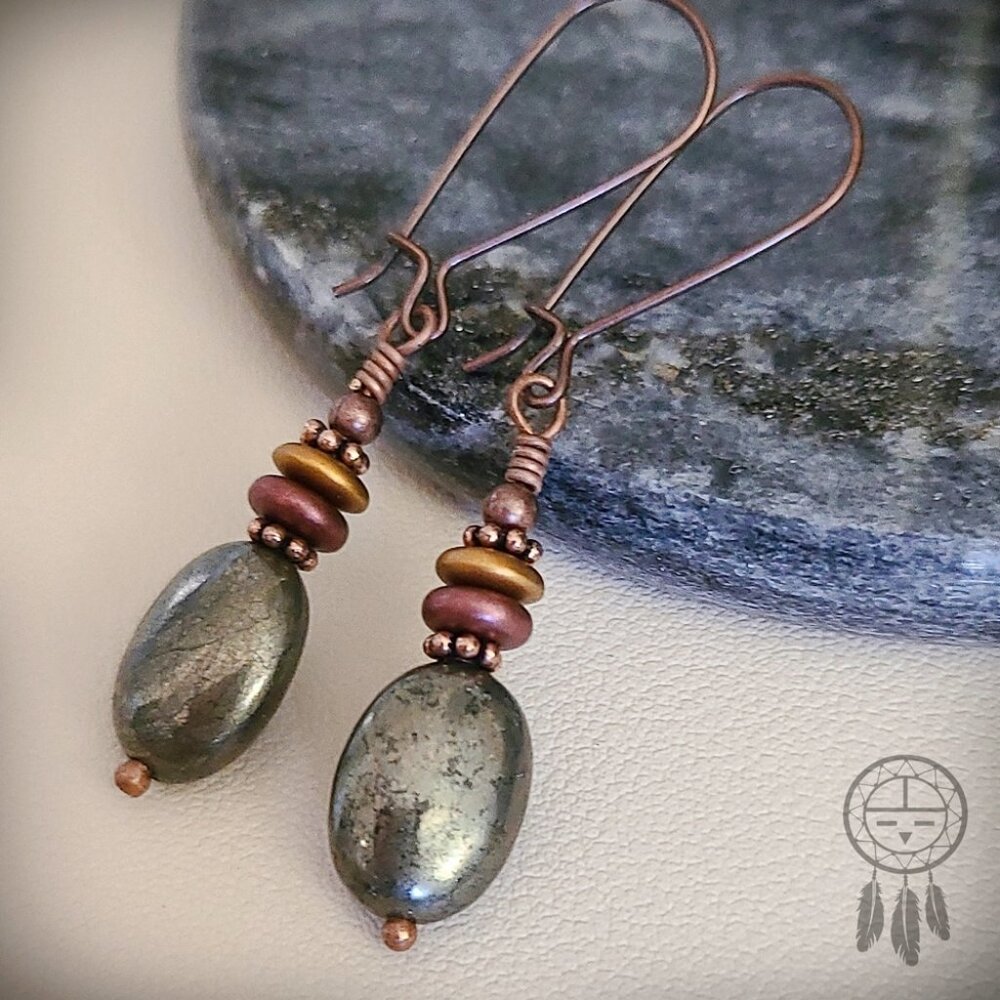 Boho Pyrite Earrings With Copper - Picture 3 of 10